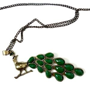 Oversized Peacock Pendant Necklace Green Stone Antique Brass Boho